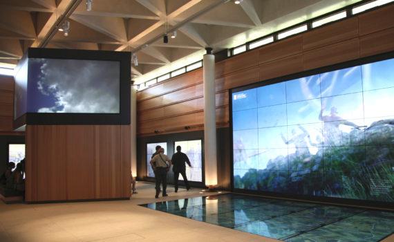 Le musée Sir John Monash possède un très grand nombre d'installations audiovisuelles comme celle-ci présentant 25 dalles d'écrans au niveau du sol et 25 dalles au niveau du mur.